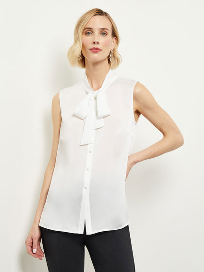 Tie-Neck Crepe de Chine Blouse, White - True Fit