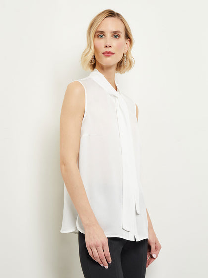 Tie-Neck Crepe de Chine Blouse, White - True Fit
