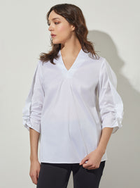 Gathered Tulip Sleeve Stretch Cotton Blouse in White