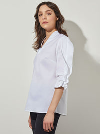 Gathered Tulip Sleeve Stretch Cotton Blouse in White