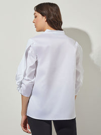 Gathered Tulip Sleeve Stretch Cotton Blouse in White