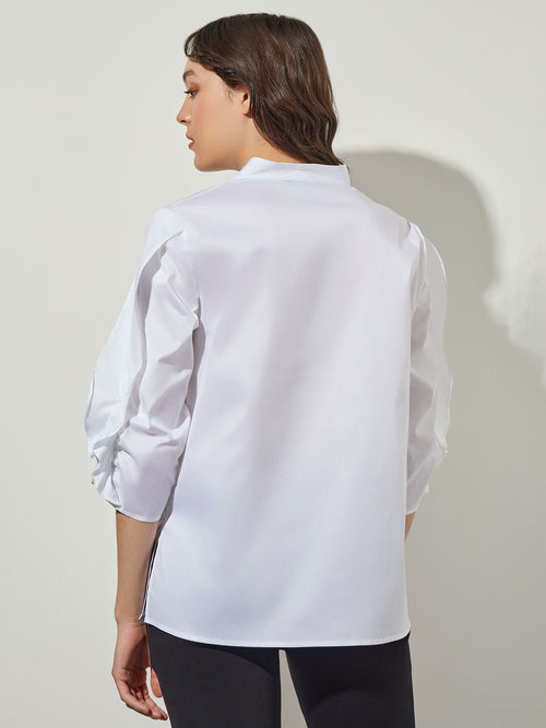 Gathered Tulip Sleeve Stretch Cotton Blouse in White