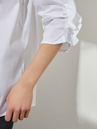 Gathered Tulip Sleeve Stretch Cotton Blouse in White Premium Details