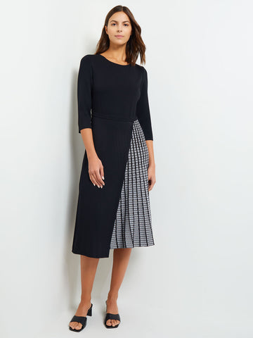 Pleated Contrast Panel Soft Knit Dress, Black & White