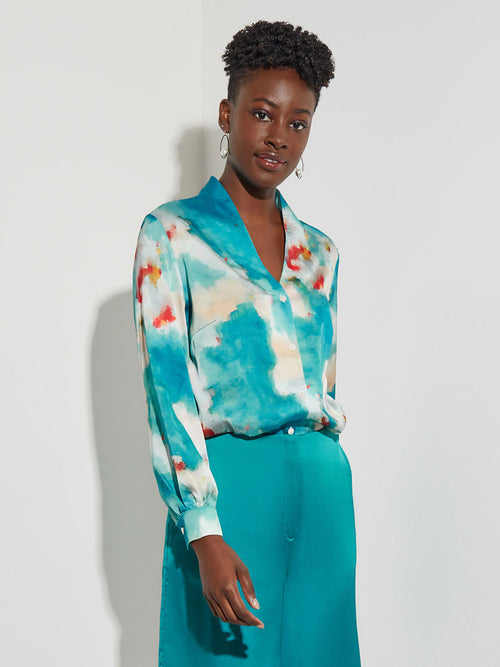 Watercolor Button-Up Crepe de Chine Blouse, French Blue/Basin Blue/Star Anise/Macadamia/Red Sunset/New Ivory | Misook