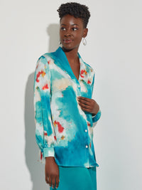 Watercolor Button-Up Crepe de Chine Blouse, French Blue/Basin Blue/Star Anise/Macadamia/Red Sunset/New Ivory | Misook