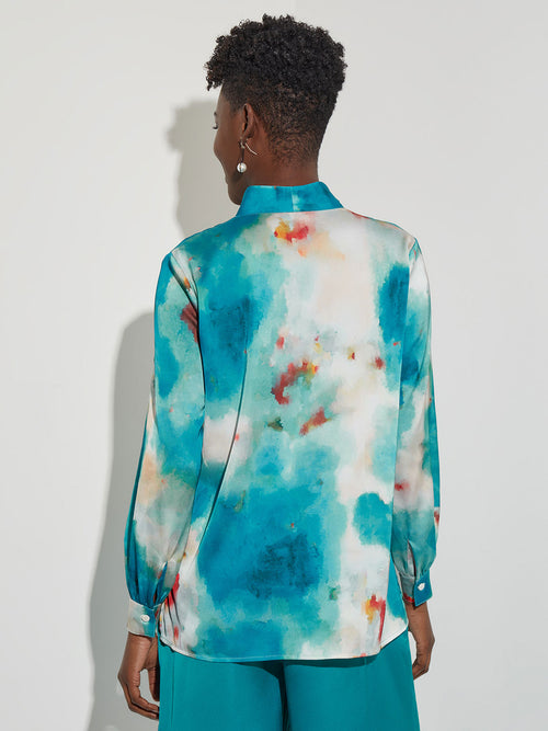 Watercolor Button-Up Crepe de Chine Blouse, French Blue/Basin Blue/Star Anise/Macadamia/Red Sunset/New Ivory | Misook