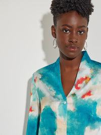 Watercolor Button-Up Crepe de Chine Blouse, French Blue/Basin Blue/Star Anise/Macadamia/Red Sunset/New Ivory | Misook Premium Details