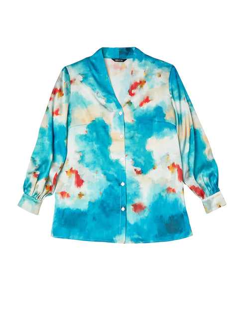 Watercolor Button-Up Crepe de Chine Blouse