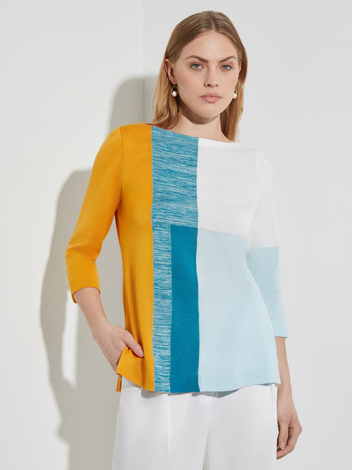 Contrast Color Block Pullover Tunic, French Blue/Basin Blue/Star Anise/New Ivory | Misook