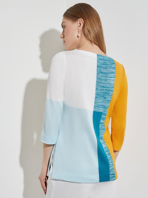 Contrast Color Block Pullover Tunic, French Blue/Basin Blue/Star Anise/New Ivory | Misook