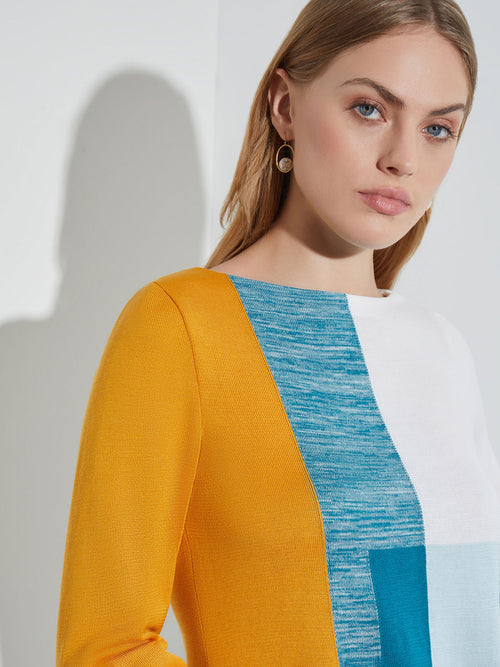 Contrast Color Block Pullover Tunic, French Blue/Basin Blue/Star Anise/New Ivory | Misook Premium Details
