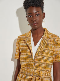 Short Sleeve Belted Tweed Knit Jacket, Star Anise/Macadamia/Black | Misook Premium Details