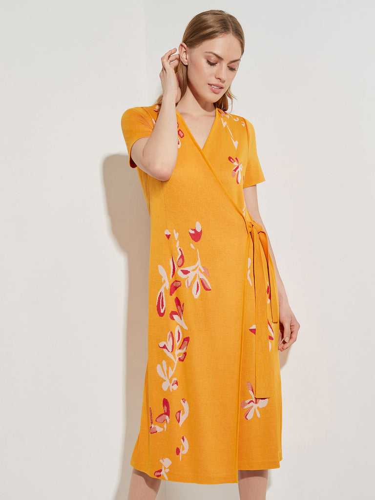 Floral Embroidery Wrap Knit Dress, Star Anise/Red Sunset/Macadamia | Misook