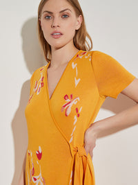 Floral Embroidery Wrap Knit Dress, Star Anise/Red Sunset/Macadamia | Misook Premium Details