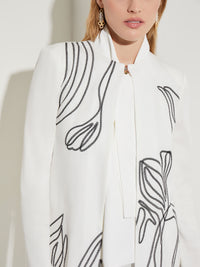 Abstract Embroidery Shawl Neck Jacket, New Ivory/Black | Misook Premium Details