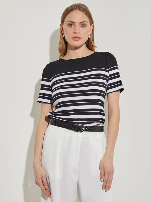 Short Sleeve Soft Knit Striped Tunic, Black/White | Misook