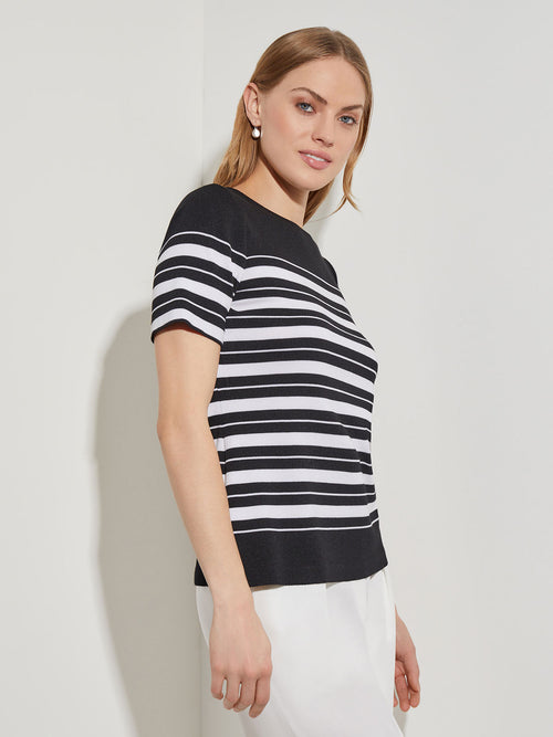 Short Sleeve Soft Knit Striped Tunic, Black/White | Misook