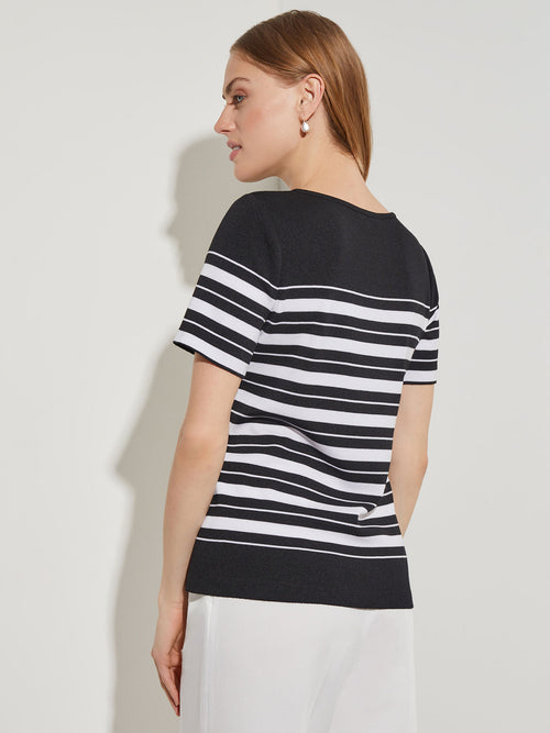 Short Sleeve Soft Knit Striped Tunic, Black/White | Misook