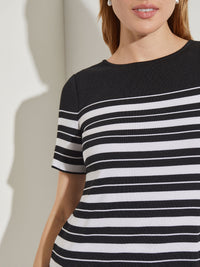 Short Sleeve Soft Knit Striped Tunic, Black/White | Misook Premium Details