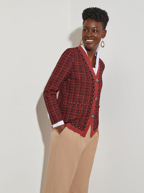 Braid Trim Tweed Knit Jacket, Russet/Black | Misook