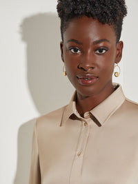 Bishop Sleeve Button-Front Crepe Blouse, Sand | Misook Premium Details
