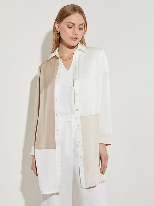 Colorblock Crepe Button-Front Blouse, New Ivory/Sand/Biscotti | Misook