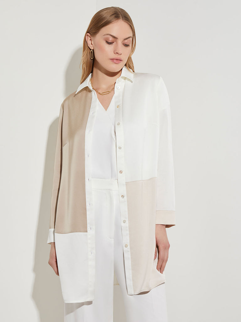 Colorblock Crepe Button-Front Blouse, New Ivory/Sand/Biscotti | Misook