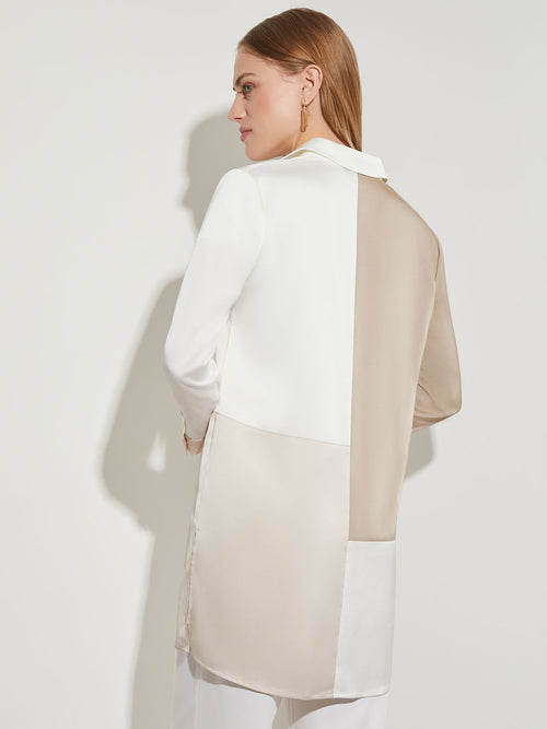 Colorblock Crepe Button-Front Blouse, New Ivory/Sand/Biscotti | Misook