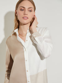 Colorblock Crepe Button-Front Blouse, New Ivory/Sand/Biscotti | Misook Premium Details