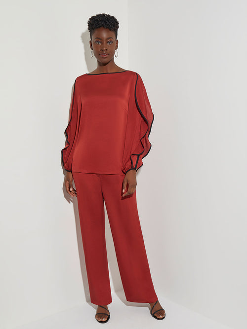 Contrast Trim Butterfly Sleeve Crepe Blouse, Russet, Russet/Black | Misook
