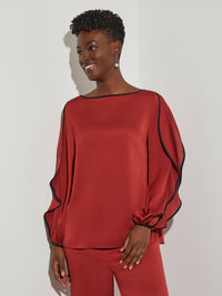 Contrast Trim Butterfly Sleeve Crepe Blouse, Russet, Russet/Black | Misook