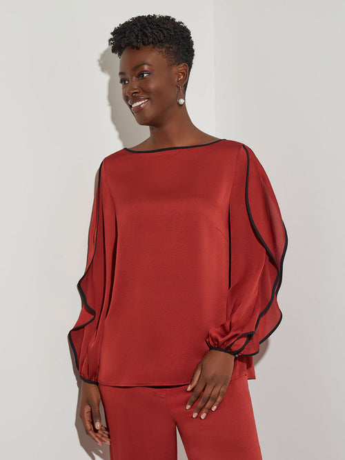 Contrast Trim Butterfly Sleeve Crepe Blouse, Russet, Russet/Black | Misook