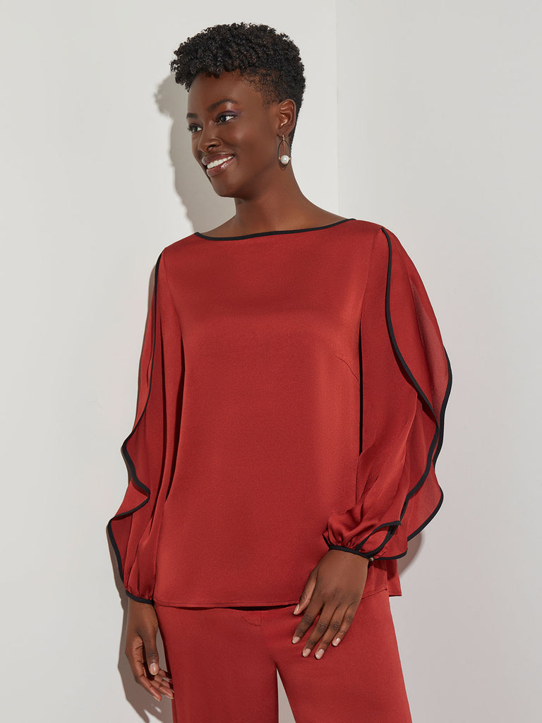 Contrast Trim Butterfly Sleeve Crepe Blouse, Russet, Russet/Black | Misook