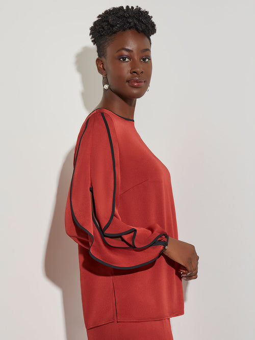 Contrast Trim Butterfly Sleeve Crepe Blouse, Russet, Russet/Black | Misook