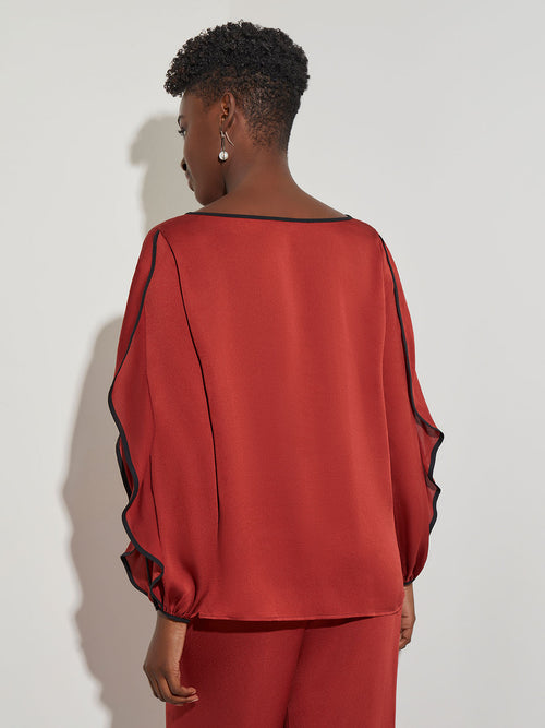 Contrast Trim Butterfly Sleeve Crepe Blouse, Russet, Russet/Black | Misook