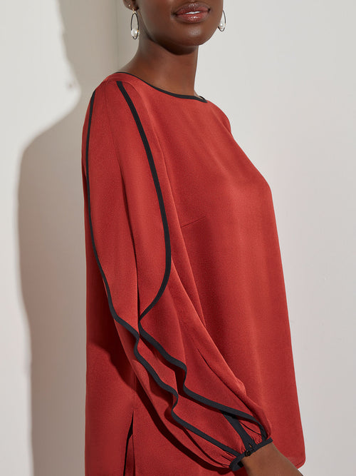 Contrast Trim Butterfly Sleeve Crepe Blouse, Russet, Russet/Black | Misook Premium Details
