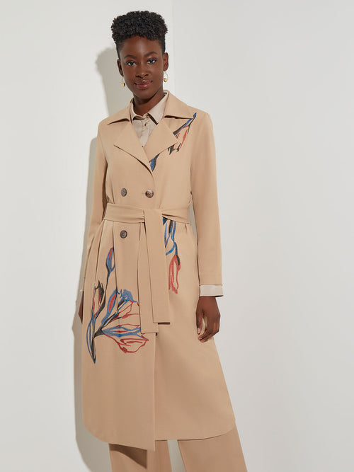 Floral Embroidered Belted Woven Trench Coat, Sand/Russet/Biscotti/Lyons Blue/Black | Misook