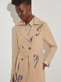 Floral Embroidered Belted Woven Trench Coat, Sand/Russet/Biscotti/Lyons Blue/Black | Misook Premium Details