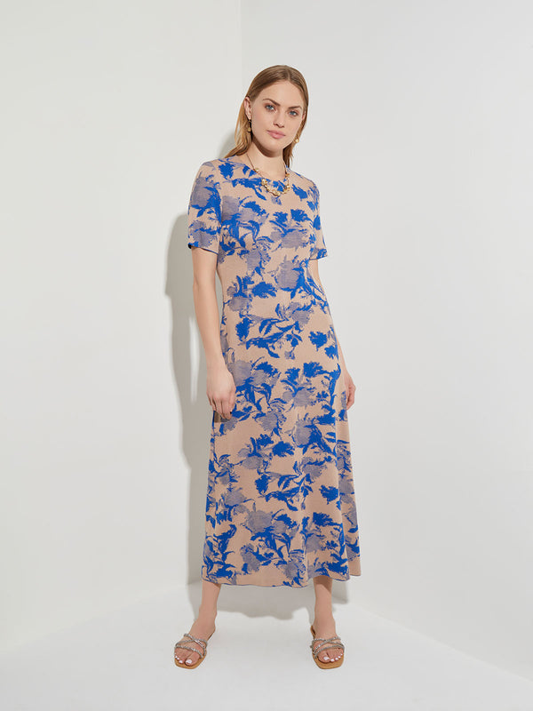 Floral Jacquard Soft Knit A-line Dress, Sand/Lyons Blue | Misook