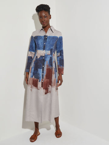 Abstract Print Button-Front Woven Maxi Dress