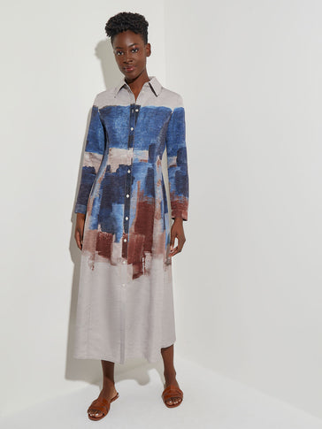 Abstract Print Button-Front Woven Maxi Dress, Lyons Blue/Sand/Russet/Biscotti/New Ivory/Black | Misook