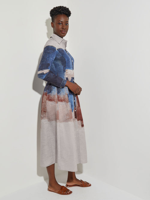 Abstract Print Button-Front Woven Maxi Dress, Lyons Blue/Sand/Russet/Biscotti/New Ivory/Black | Misook