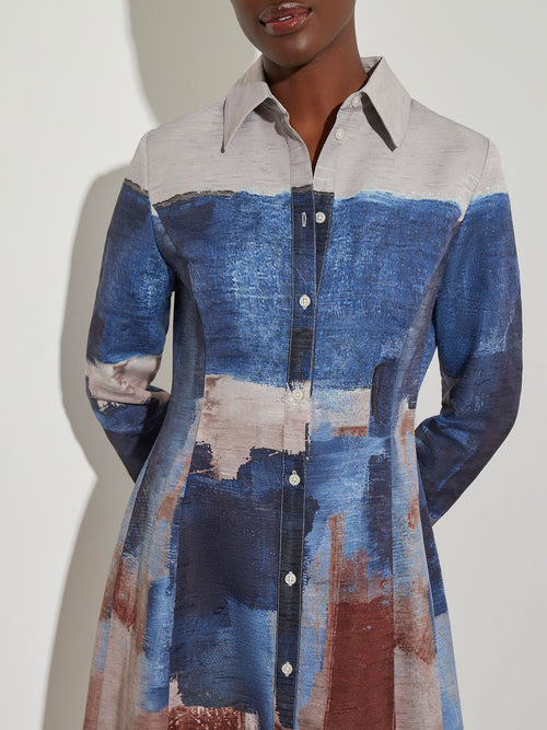Abstract Print Button-Front Woven Maxi Dress, Lyons Blue/Sand/Russet/Biscotti/New Ivory/Black | Misook Premium Details