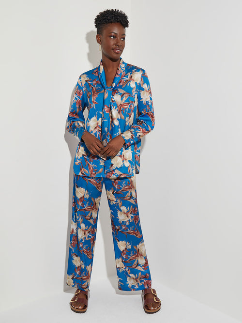 Floral Crepe de Chine Tie Neck Blouse, Lyons Blue/Sand/Russet/Biscotti/New Ivory/Black | Misook