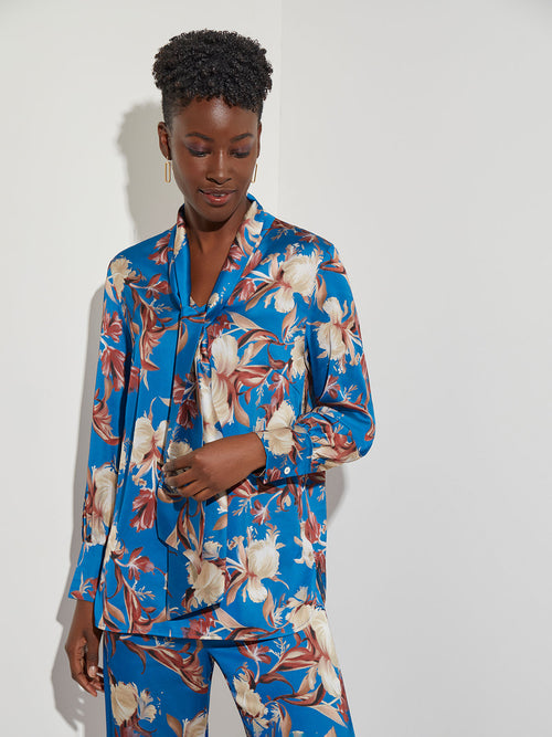Floral Crepe de Chine Tie Neck Blouse, Lyons Blue/Sand/Russet/Biscotti/New Ivory/Black | Misook
