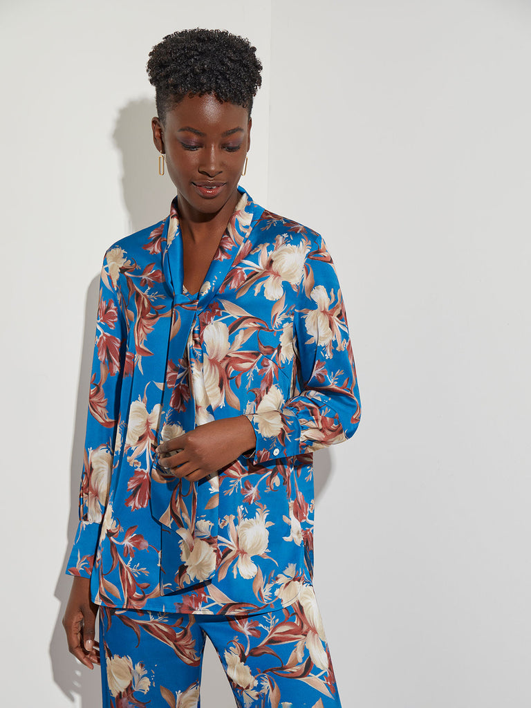 Floral Crepe de Chine Tie Neck Blouse, Lyons Blue/Sand/Russet/Biscotti/New Ivory/Black | Misook