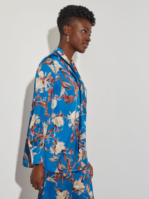 Floral Crepe de Chine Tie Neck Blouse, Lyons Blue/Sand/Russet/Biscotti/New Ivory/Black | Misook