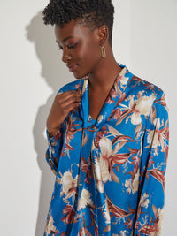Floral Crepe de Chine Tie Neck Blouse, Lyons Blue/Sand/Russet/Biscotti/New Ivory/Black | Misook Premium Details