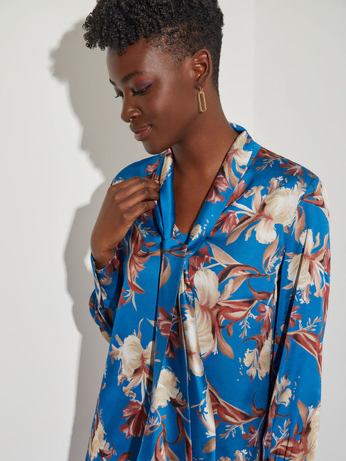 Floral Crepe de Chine Tie Neck Blouse, Lyons Blue/Sand/Russet/Biscotti/New Ivory/Black | Misook Premium Details